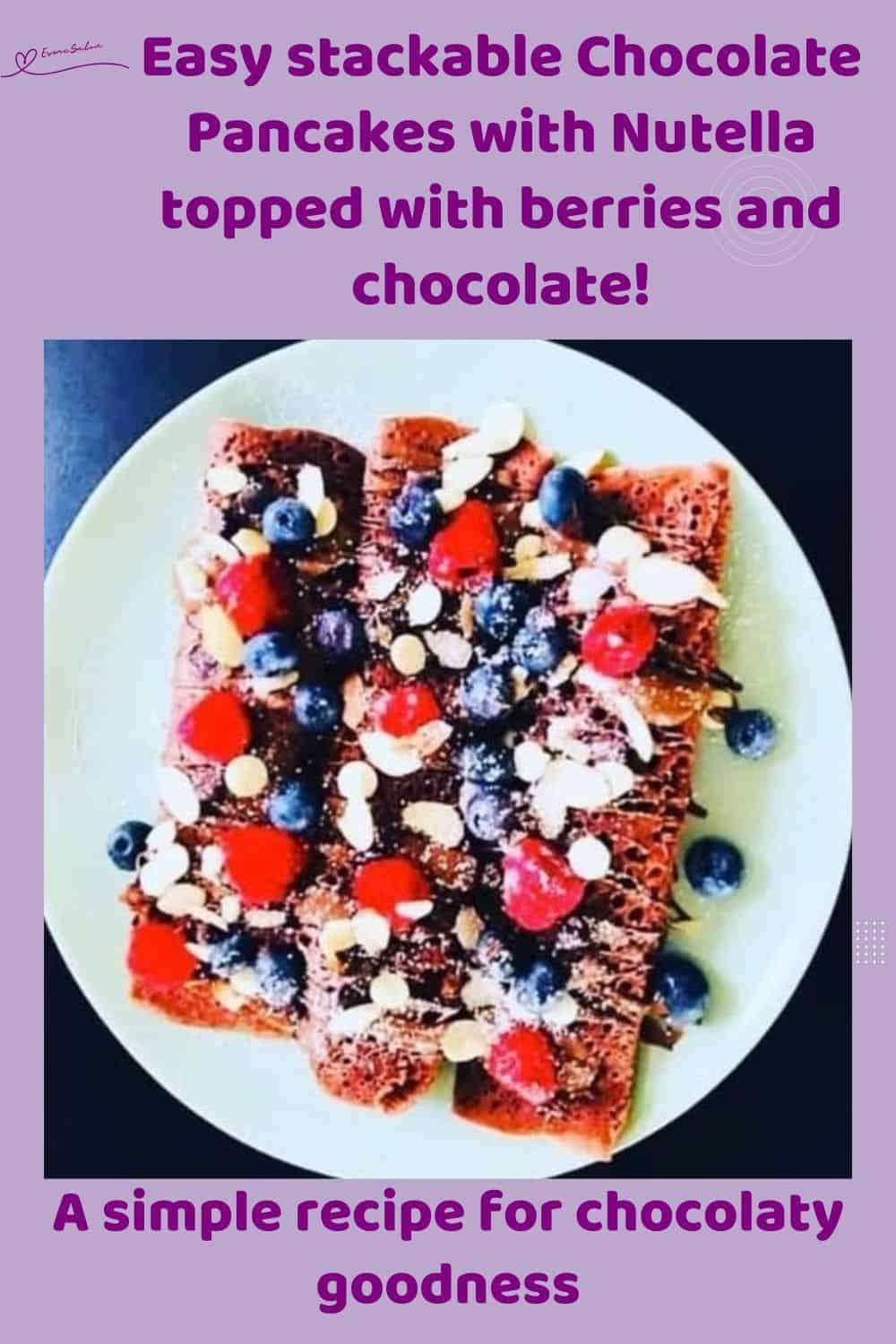 an image of a white plate with 4 Chocolate Pancakes with Nutella and berries