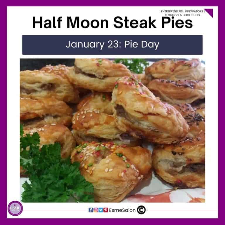 an image of a batch of Half Moon Steak Pies stacked one on the other and ready for serving