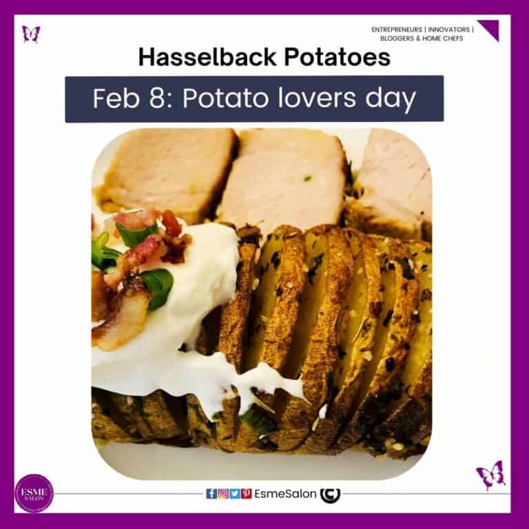 an image of Hasselback Potatoes with 3 slices of pork on the size and sour cream on the potato