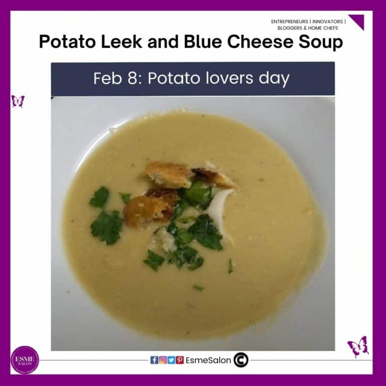 an image of a white soup bowl filled with Potato Leek and Blue Cheese Soup with croutons and parsley