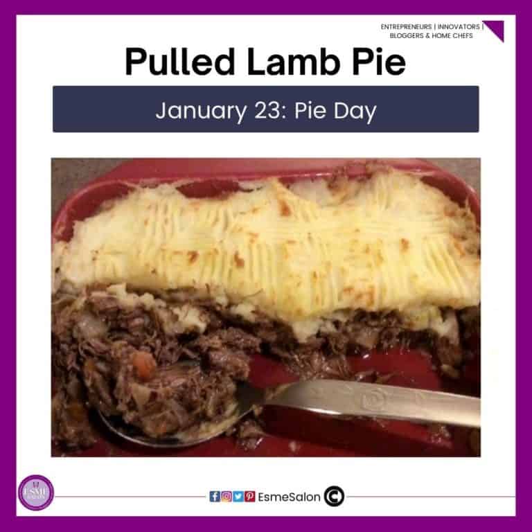 an image of Pulled Lamb Pie topped with mashed potato in a red dish