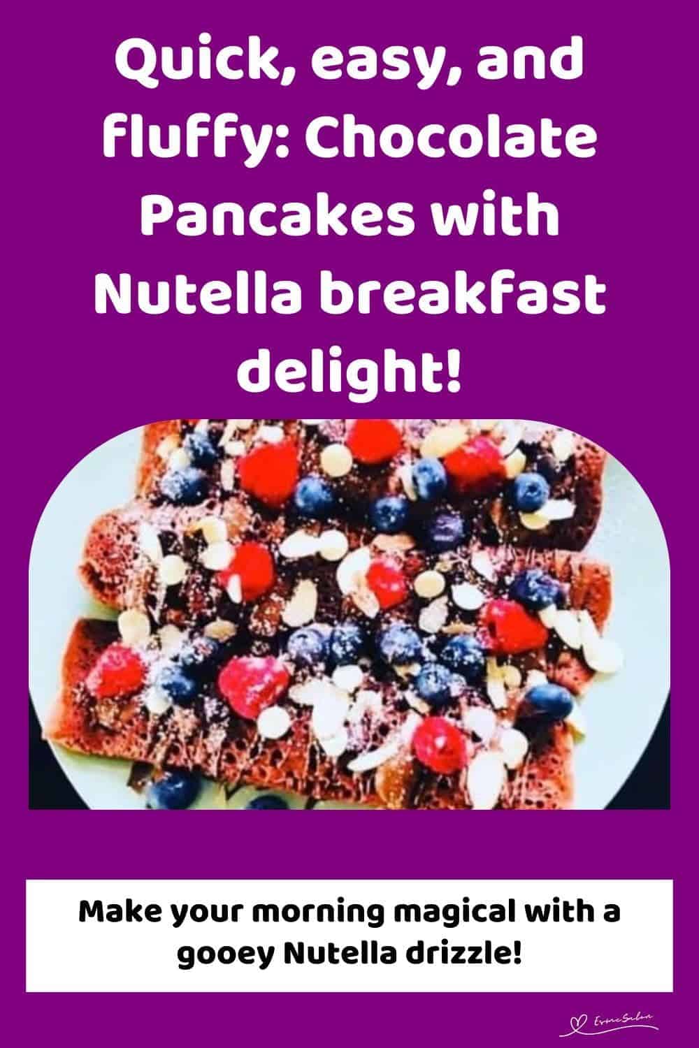 an image of a white plate with 4 Chocolate Pancakes with Nutella and berries