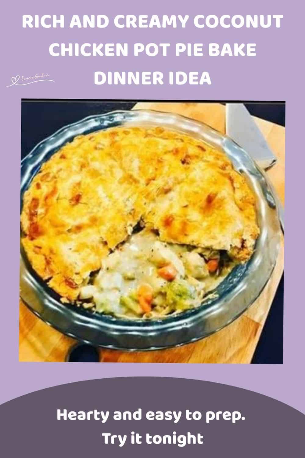 An image of a Creamy Coconut Chicken Pot Pie Bake in a pie plate with a pastry topping