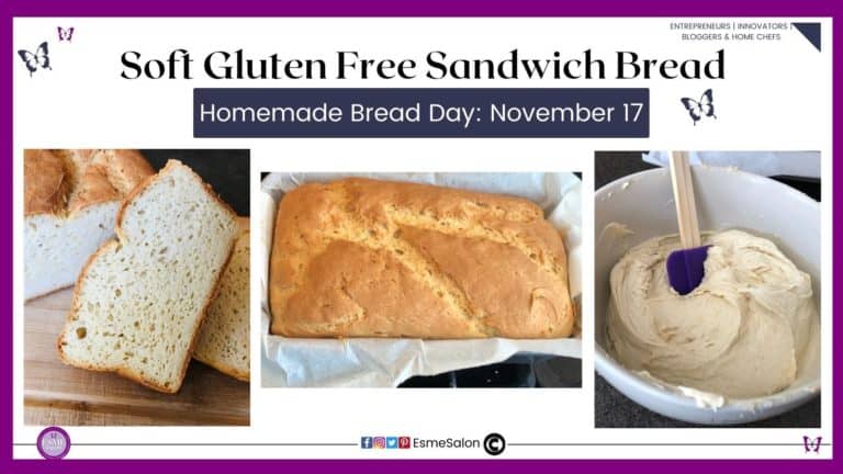 an image of the fully mixed ingredients in a white bowl as well as a Soft Homemade Gluten-Free Bread cut on a wooden board. plus the bread still in the bread pan directly after it came out of the oven