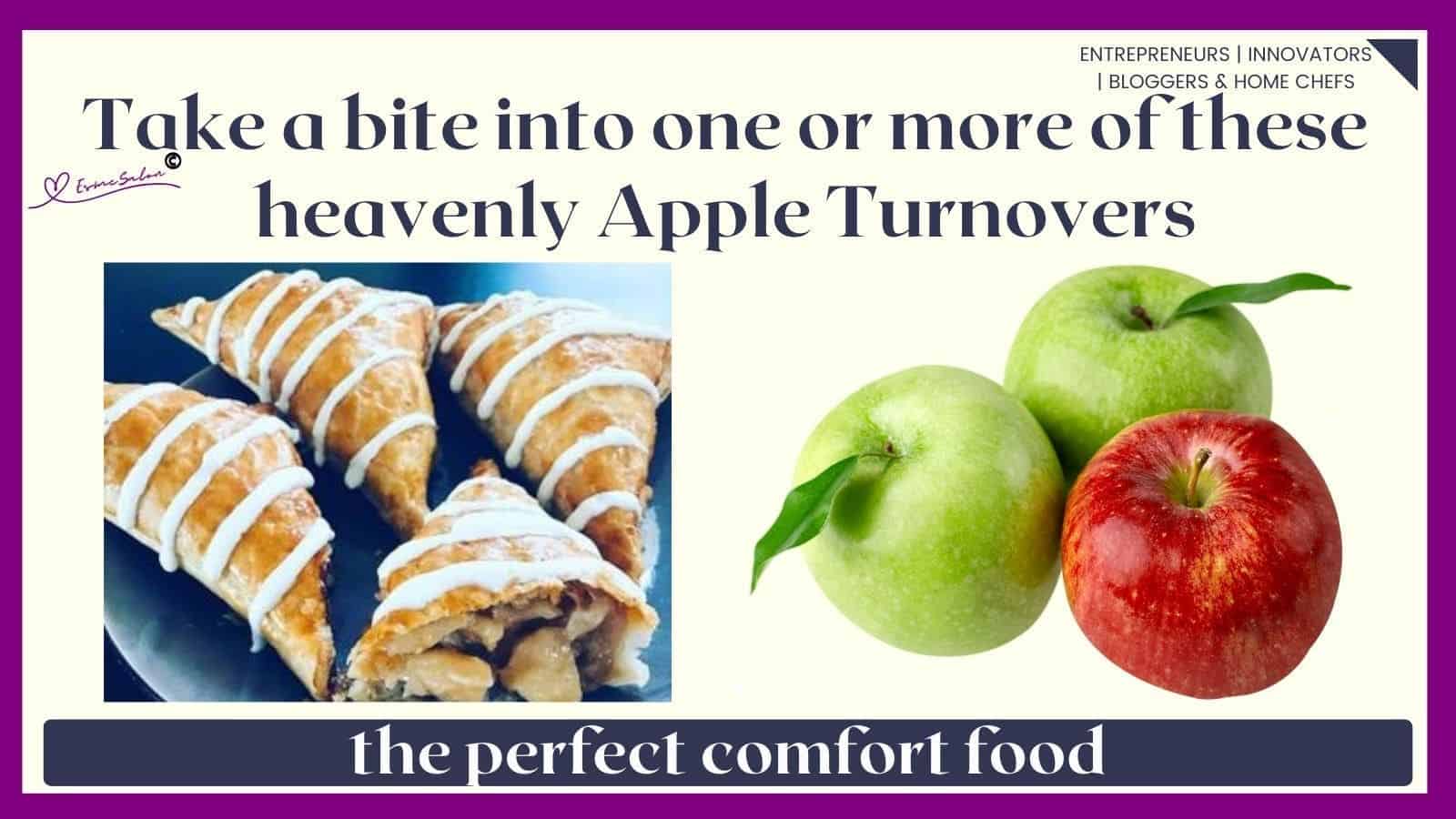An image of a blue plate filled with Apple Turnovers with a drizzle of cream cheese
