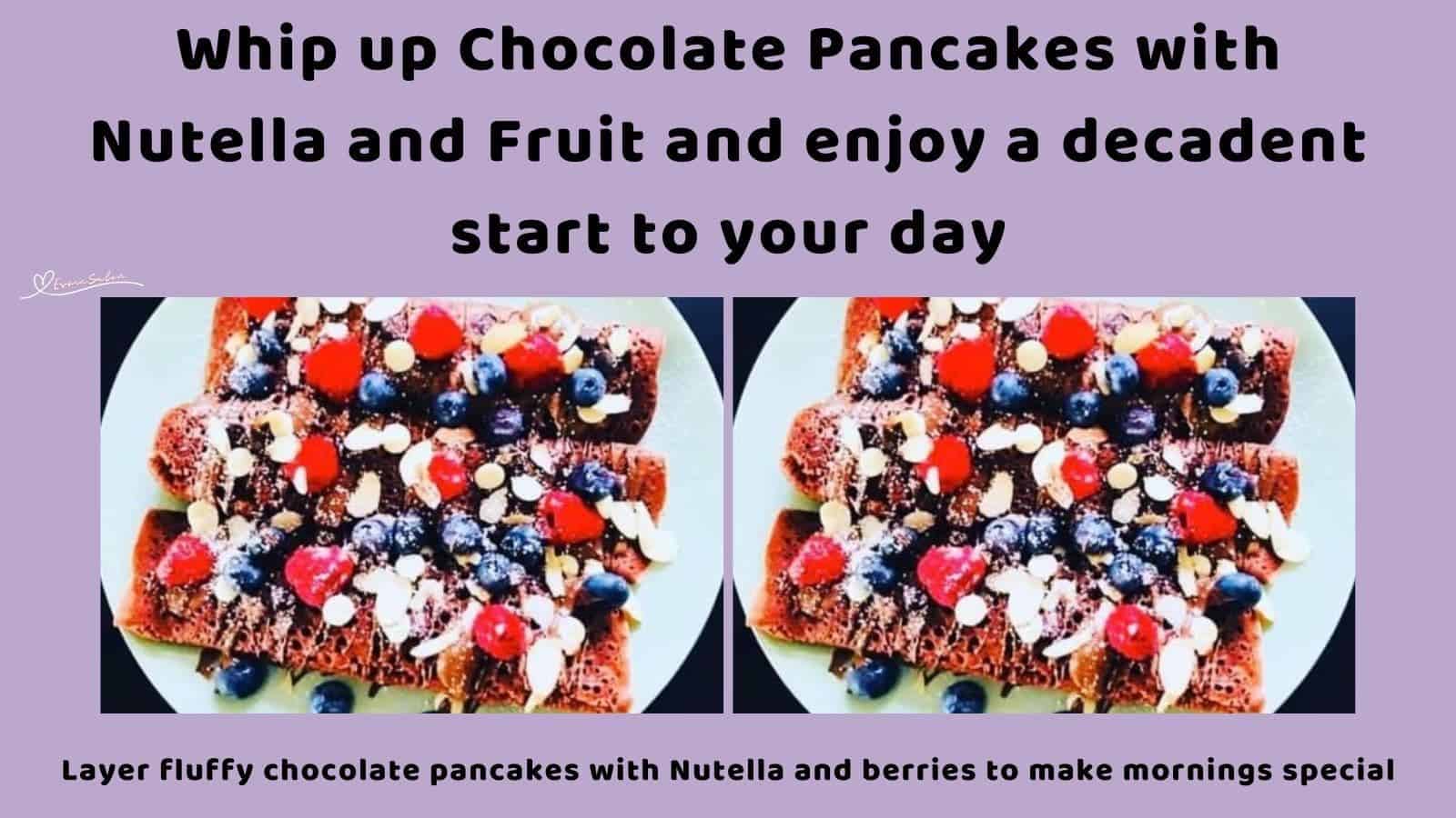 an image of a white plate with 4 Chocolate Pancakes with Nutella and berries
