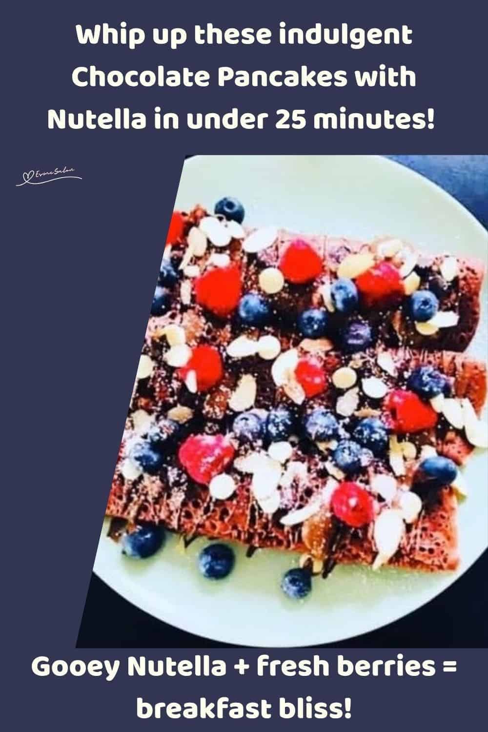 an image of a white plate with 4 Chocolate Pancakes with Nutella and berries