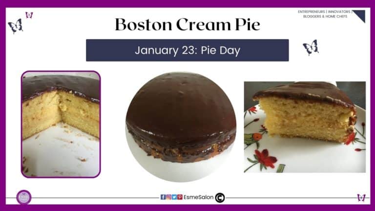 an image for a full round Boston Cream Pie with chocolate topping as well as a slice on a sideplate