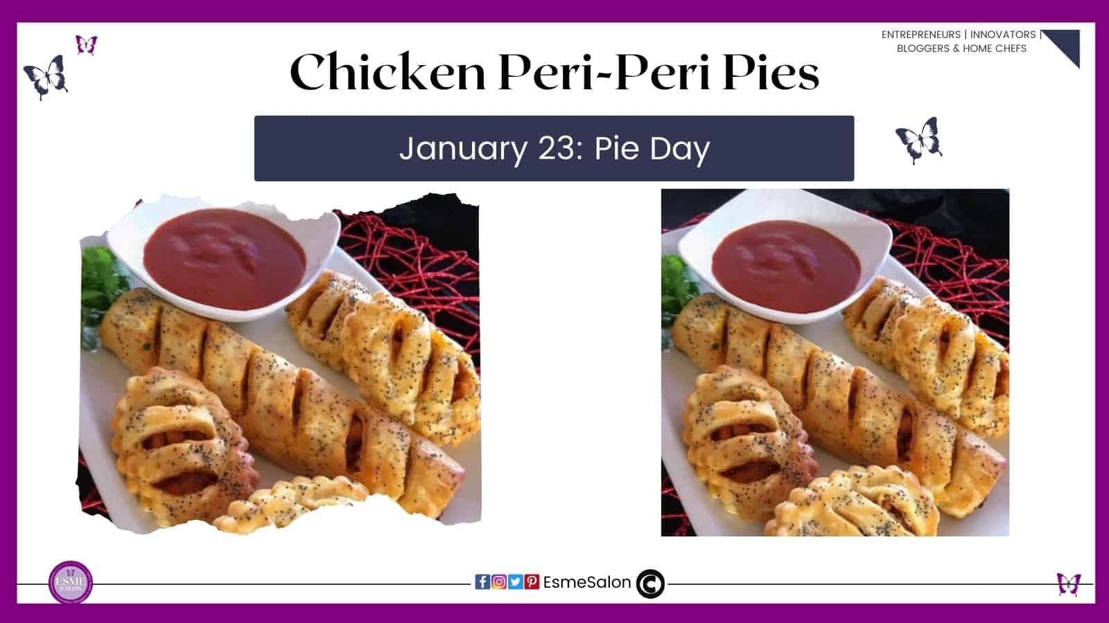 an image of Chicken Peri-Peri Pies on a white platter with peri-peri sauce in a separate dish