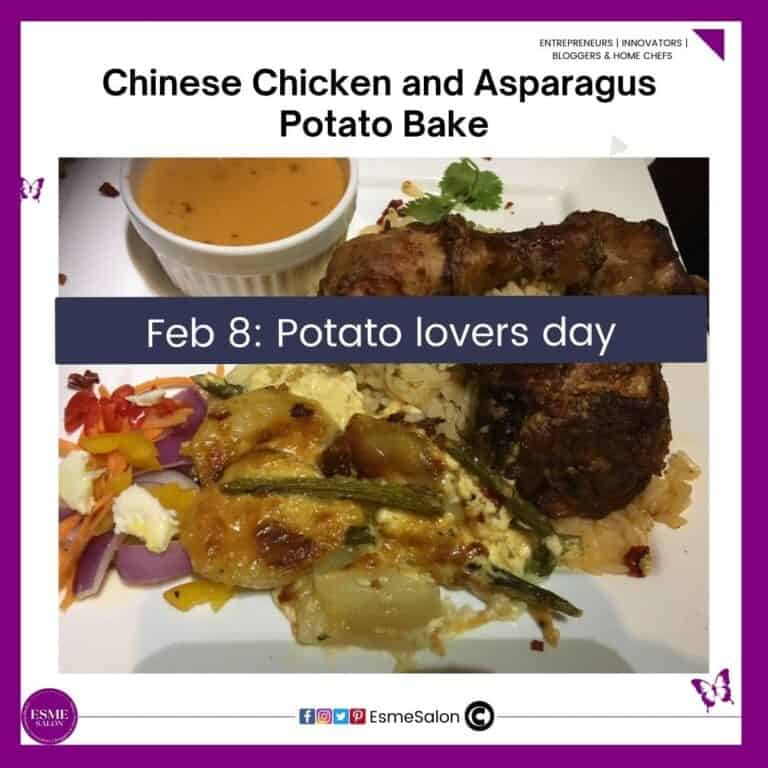 an image of Chinese Chicken and Asparagus Potato Bake with a bowl of gravy on the side