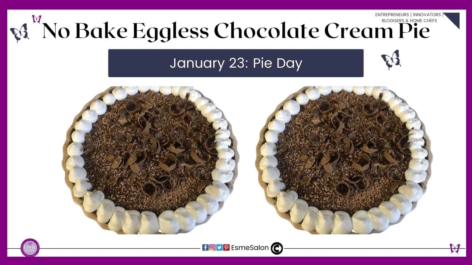 an image of an No Bake Eggless Chocolate Cream Pie with chocolate shavings