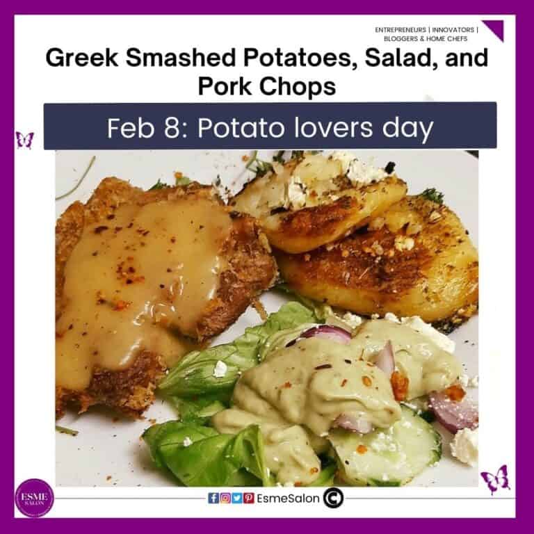 an image of Greek Smashed Potatoes, Salad, and Pork Chops