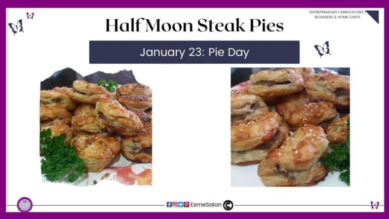 an image of a batch of Half Moon Steak Pies stacked one on the other and ready for serving