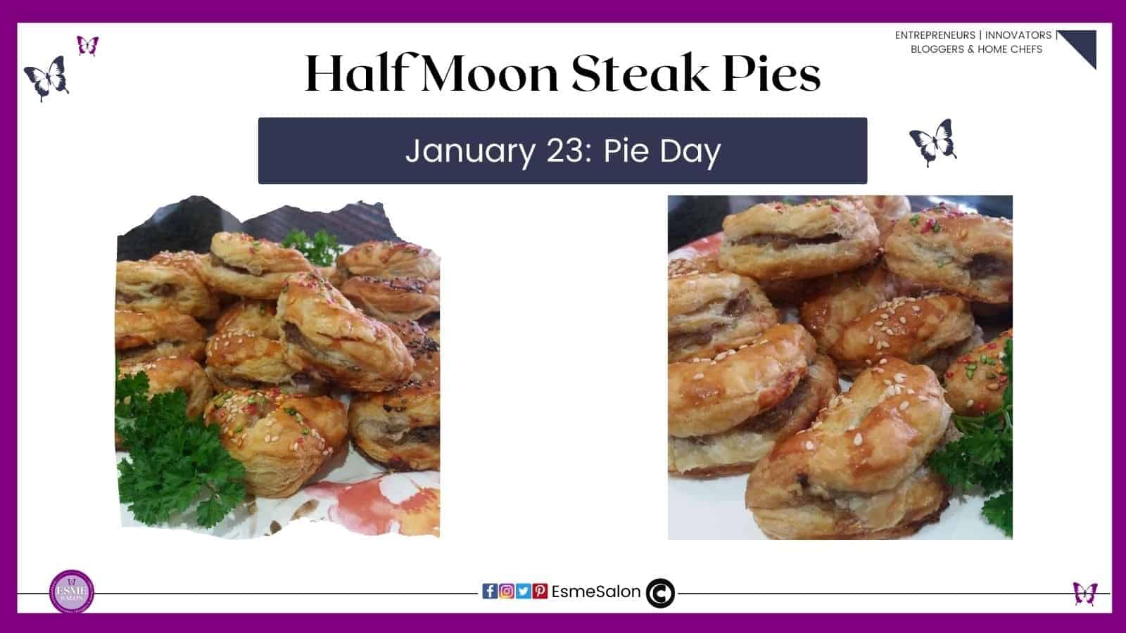 an image of a batch of Half Moon Steak Pies stacked one on the other and ready for serving