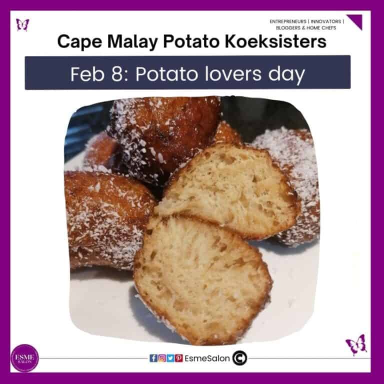an image of Cape Malay Potato Koeksisters covered in coconut and one cut open