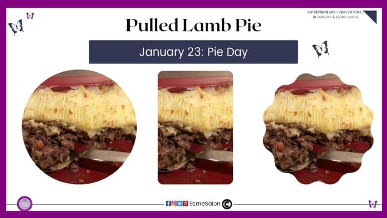 an image of Pulled Lamb Pie topped with mashed potato in a red dish