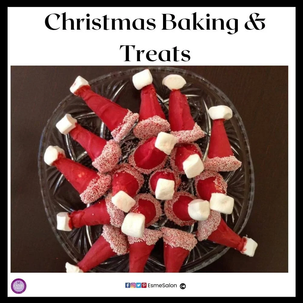 an image of a glass platter filled with Christmas hat candy with sprinkles and marshmallow