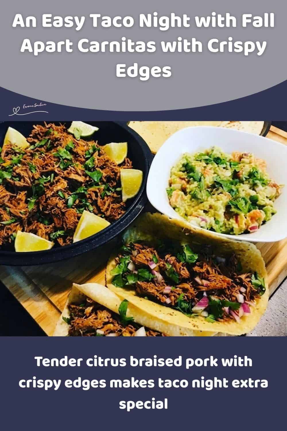An image of Carnitas with Crispy Edges served with Salsa, Guacamole and Lime wedges