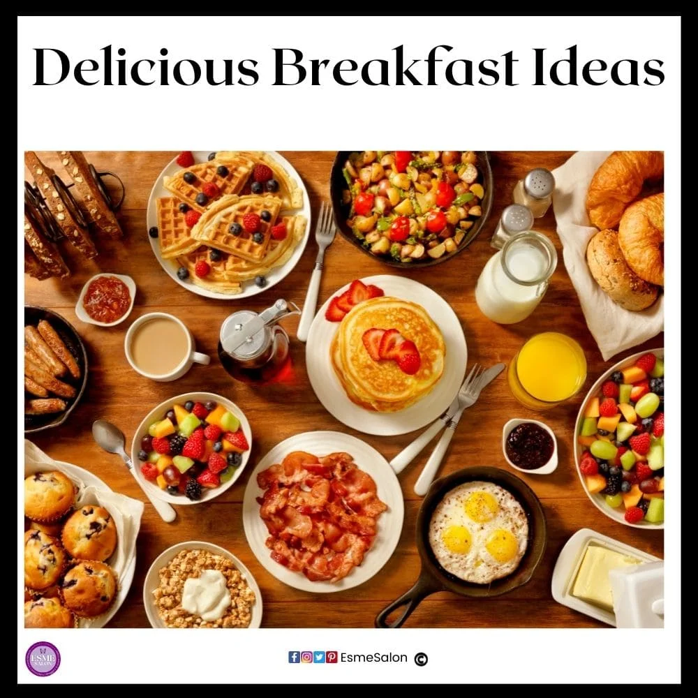 an image of a brown table with various dishes for breakfast, i.e. waffles with berries, bacon, muffins, baked eggs, croissants, fruit salad and more