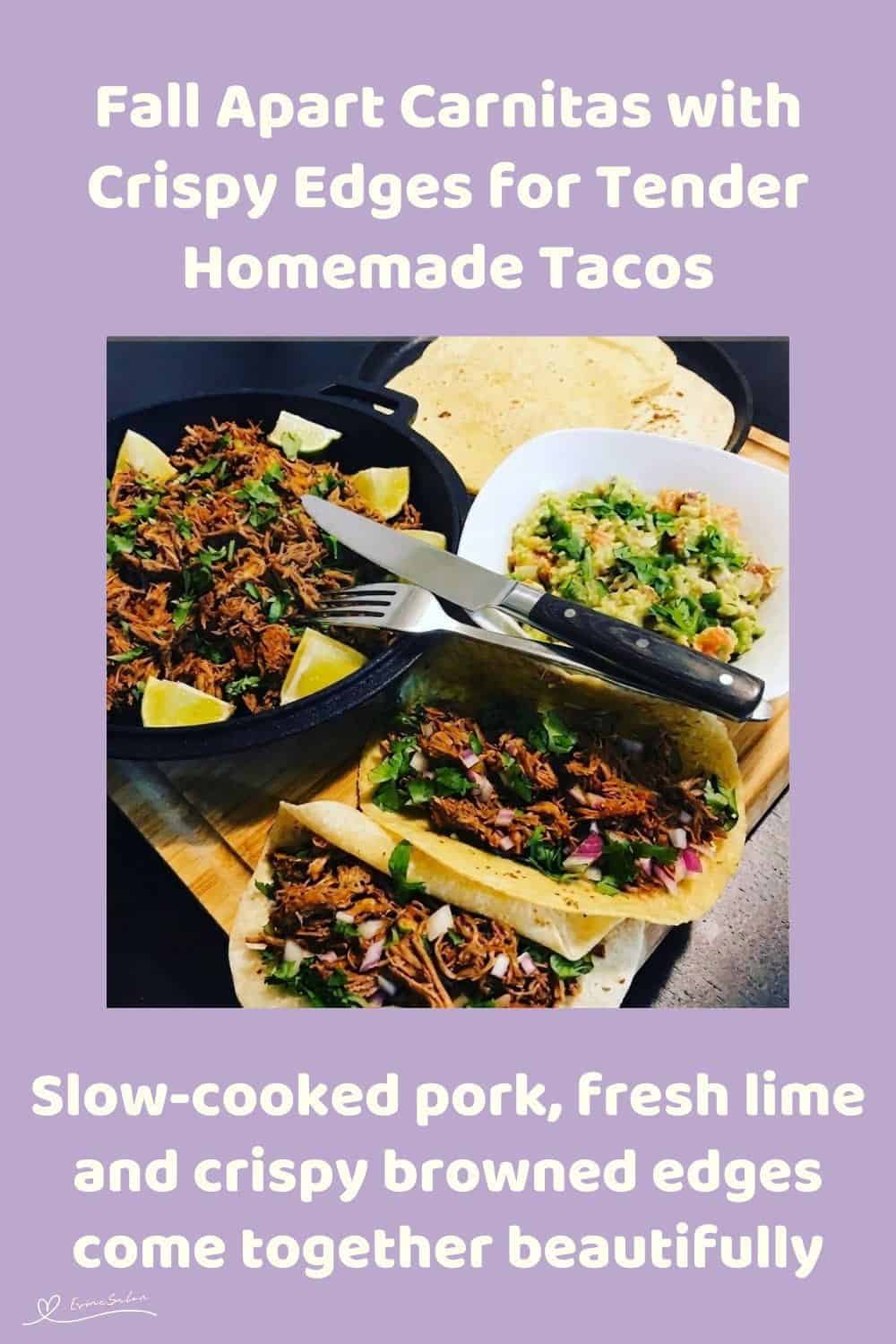 An image of Carnitas with Crispy Edges served with Salsa, Guacamole and Lime wedges