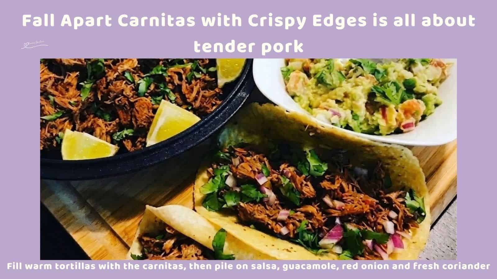 An image of Carnitas with Crispy Edges served with Salsa, Guacamole and Lime wedges