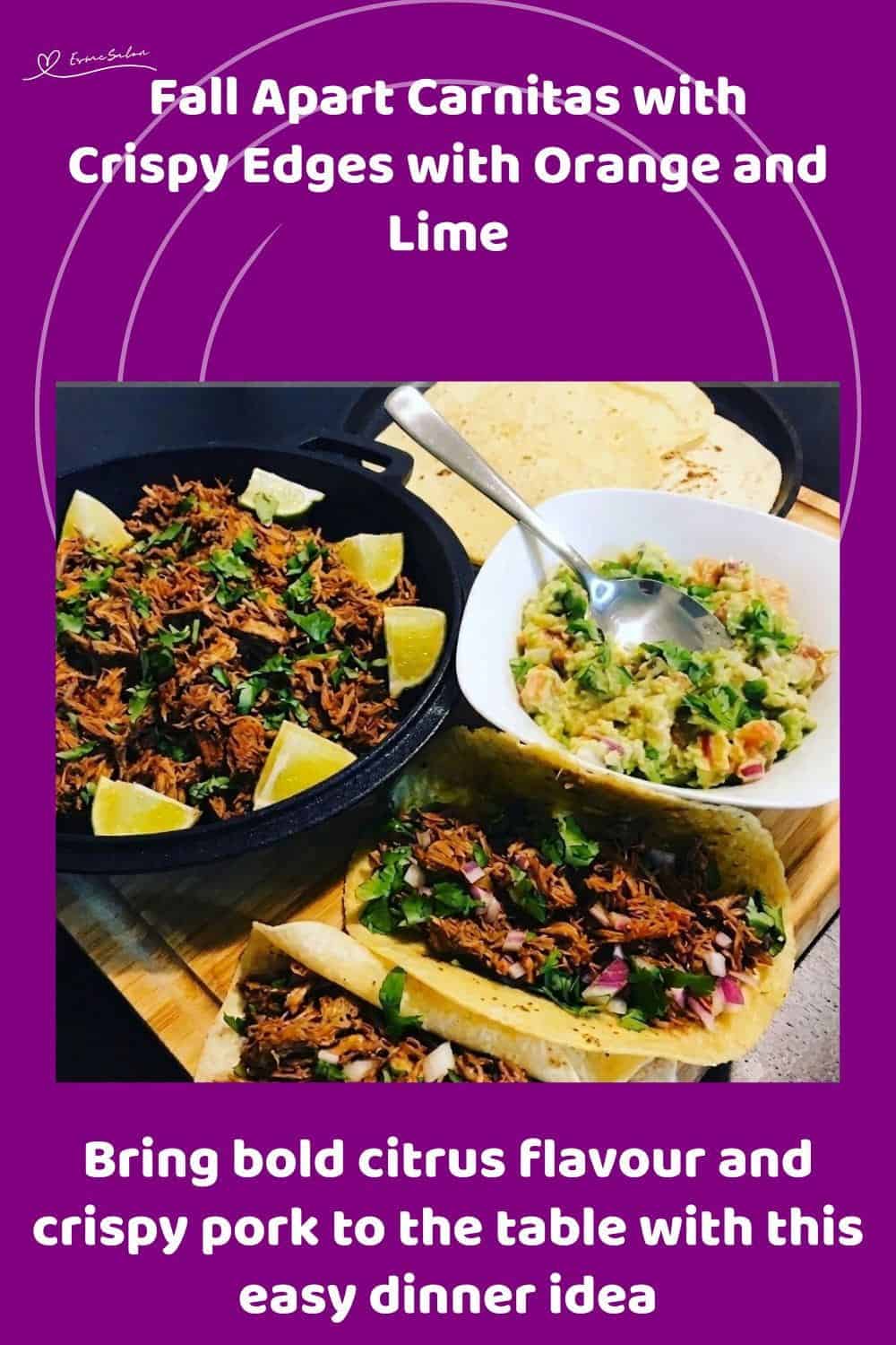 An image of Carnitas with Crispy Edges served with Salsa, Guacamole and Lime wedges