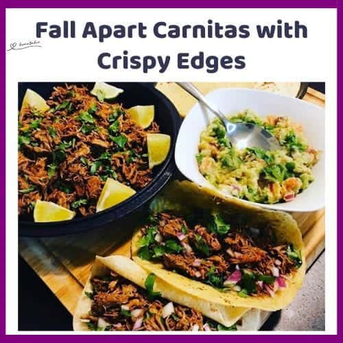 An image of Carnitas with Crispy Edges served with Salsa, Guacamole and Lime wedges