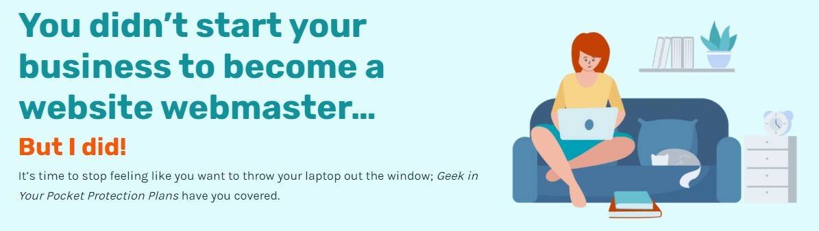 an image of a cartoon lady sitting crossed legged on a blue couch with a laptop on her lap and a cat beside her