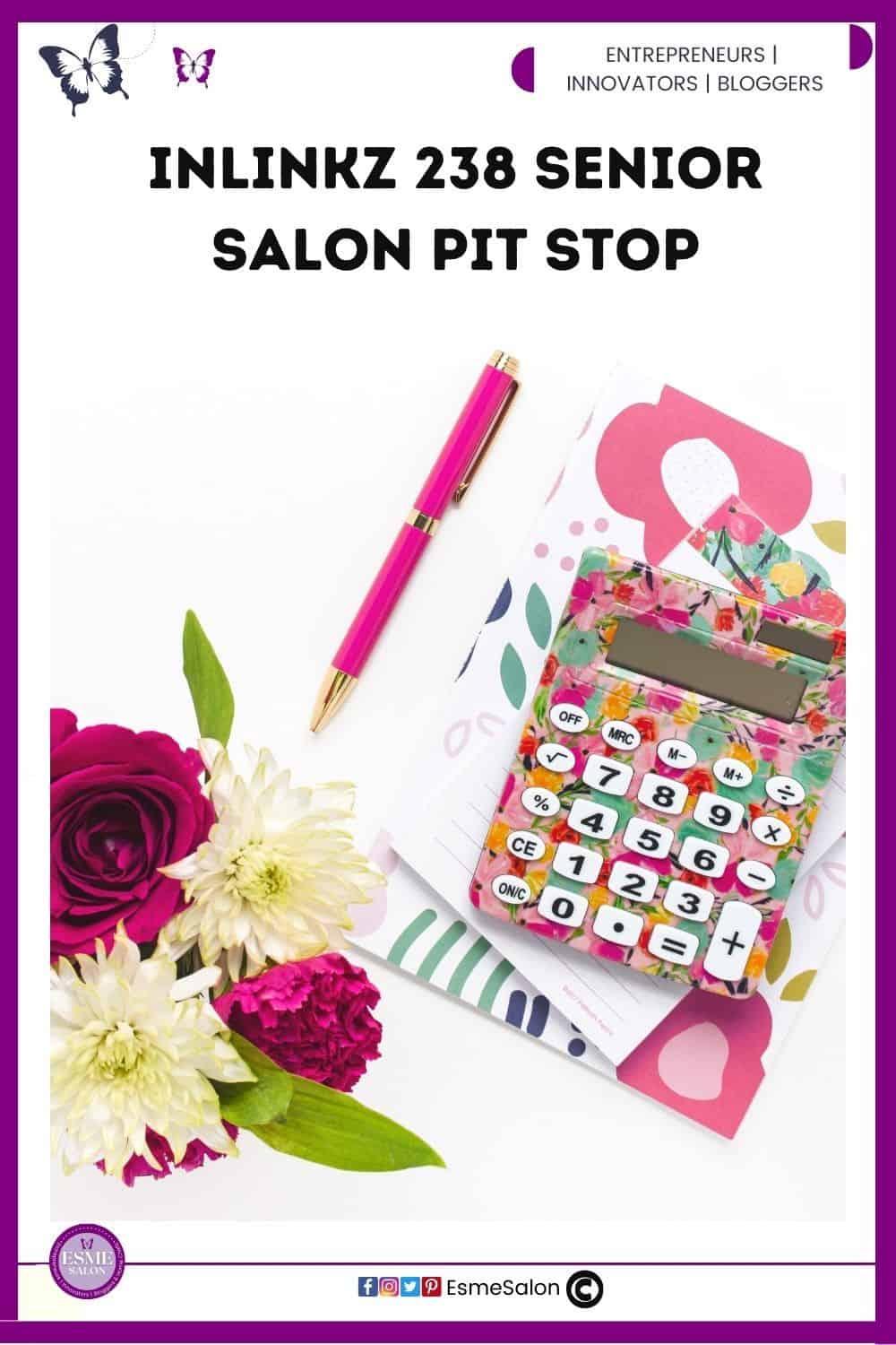 an image of a fun multicolored desk calculator, with a bunch of flowers and pink pen on the side