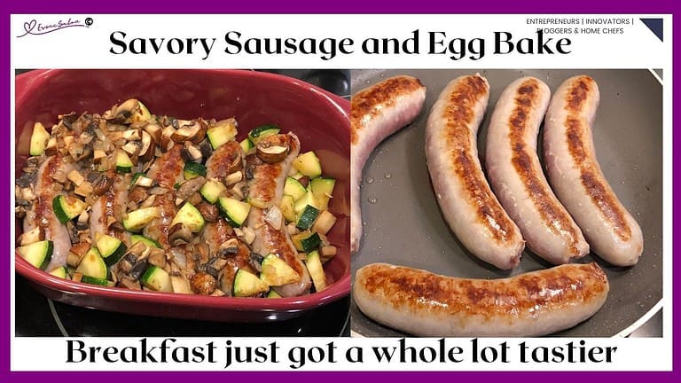 an image of a red oblong dish with Sausage Egg Bake and links of sausage