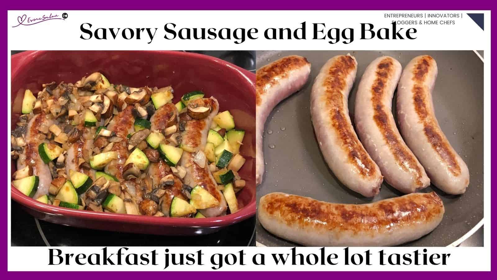 an image of a red oblong dish with Sausage Egg Bake and links of sausage