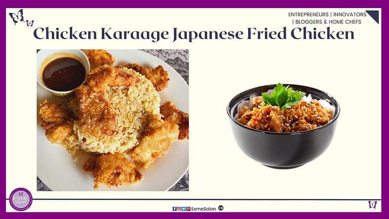 an image of a white serving plate filled with crispy fried chicken pieces served on rice and a bowl of gravy on the side
