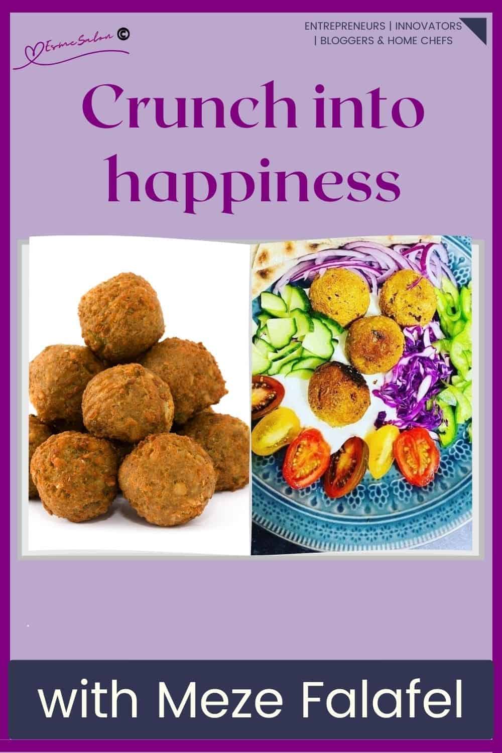 An image of a plate with Falafels Balls served with fresh cucumber, tomato, onion, green pepper and red cabbage