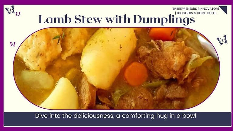 an image of a round blue bowl filled with Lamb Stew with Dumplings