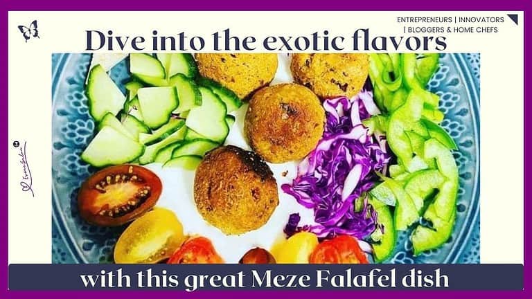 An image of a plate with Falafels Balls served with fresh cucumber, tomato, onion, green pepper and red cabbage