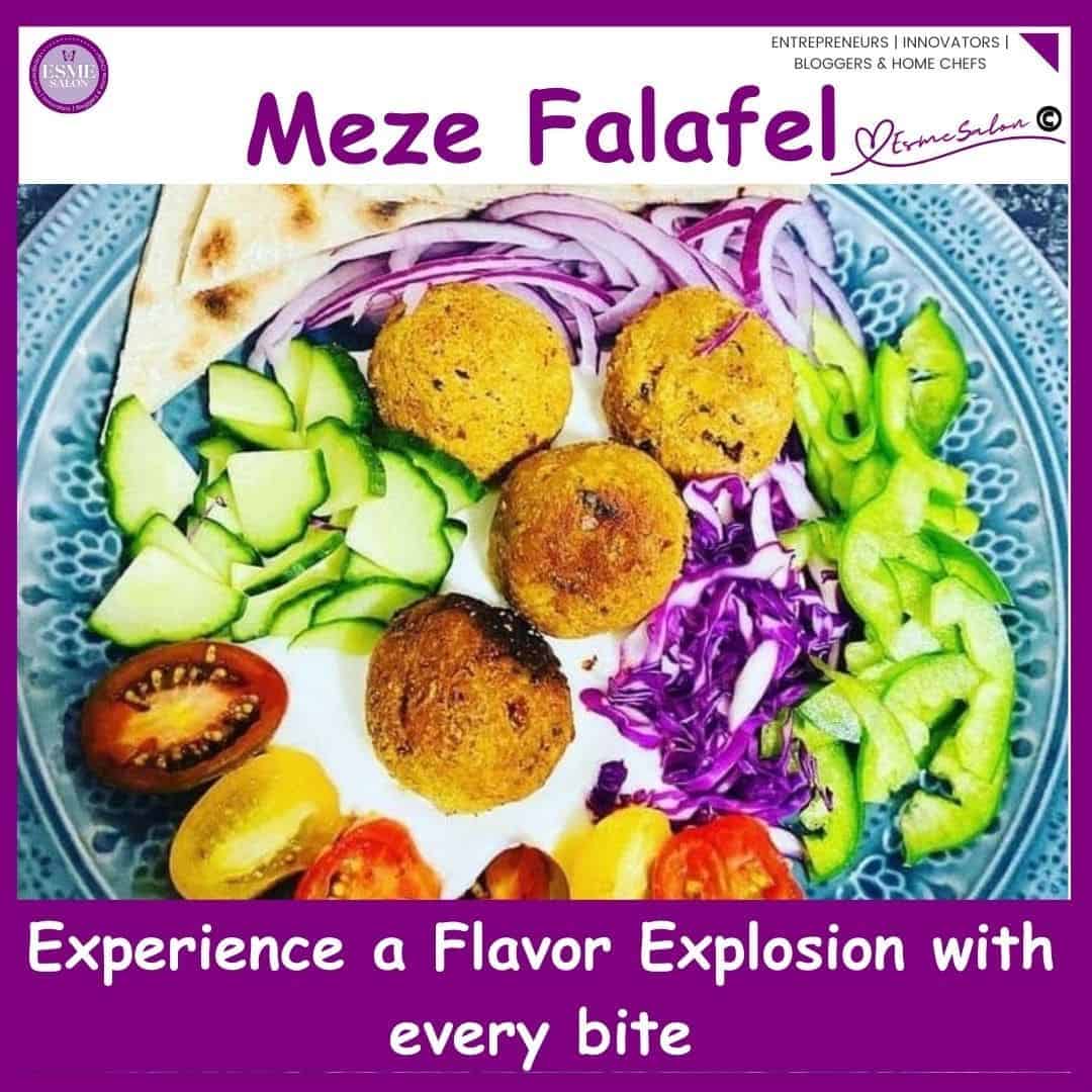 An image of a plate with Falafels Balls served with fresh cucumber, tomato, onion, green pepper and red cabbage