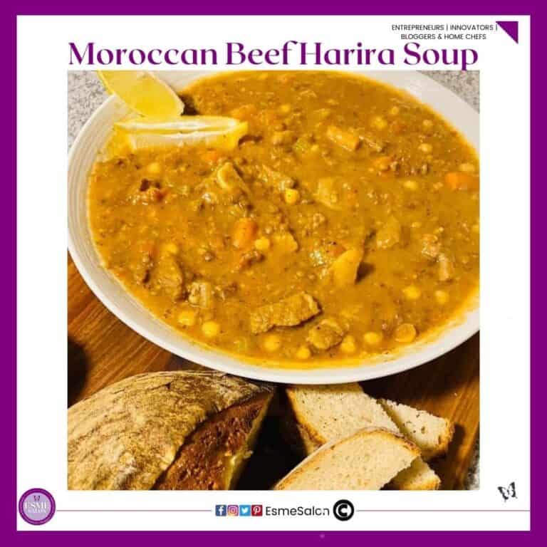 an image of a white bowl of Moroccan Beef Harira Soup with bread on the side