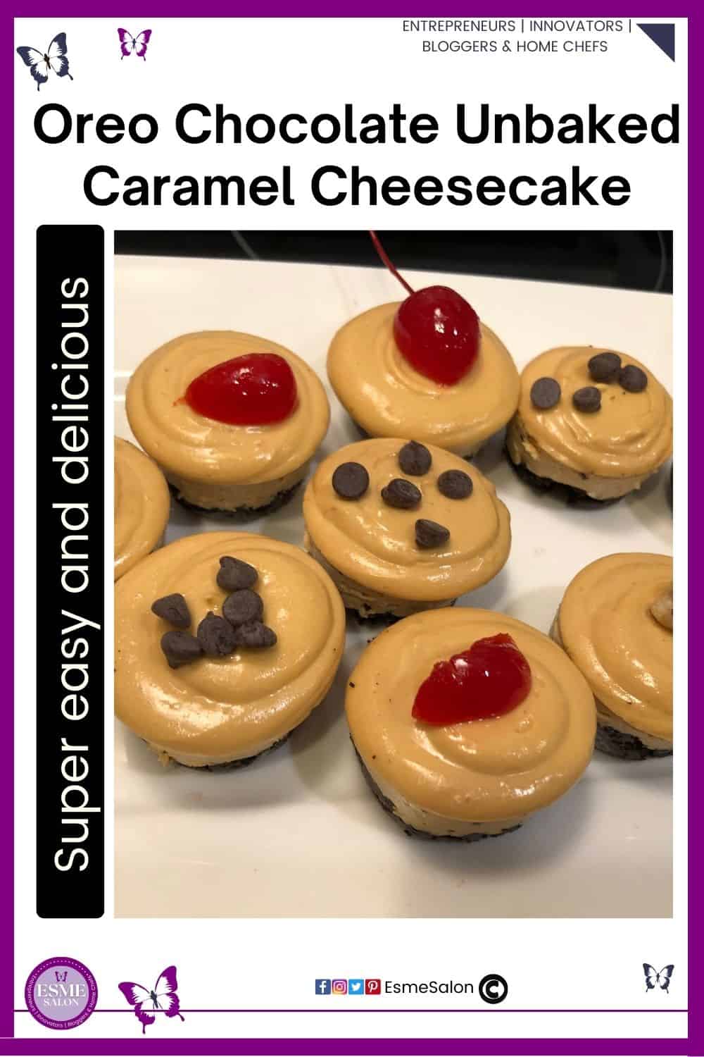 an image of small single serving Chocolate Oreo Unbaked Caramel Cheesecakes with cherries and chocolate morsel decoration