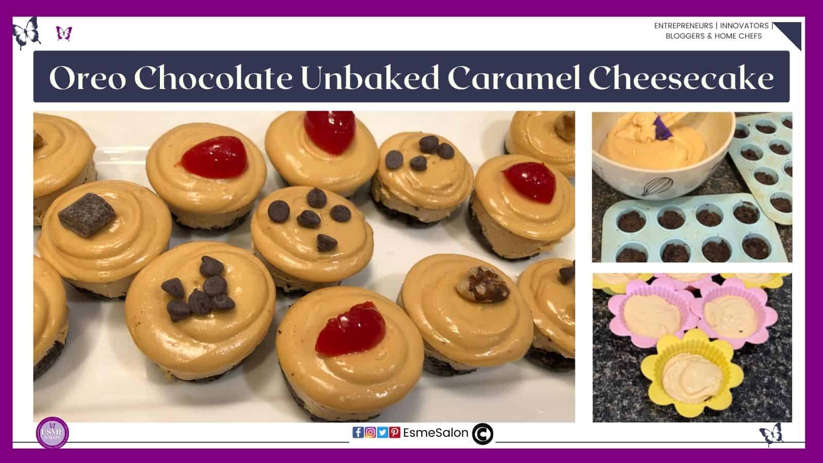 an image of small single serving Oreo Chocolate Unbaked Caramel Cheesecake decorated with cherries and chocolate morsels.