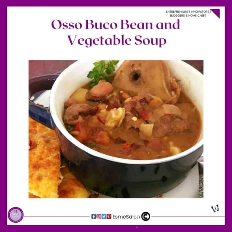 an image of a blue deep soup bowl with Osso Buco Bean and Vegetable Soup