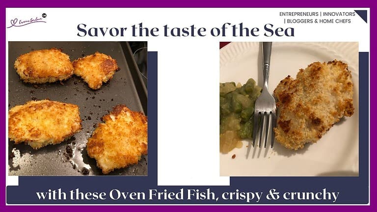 an image of Crispy Crunchy Oven Fried Fish on dinner plate with greens on the side