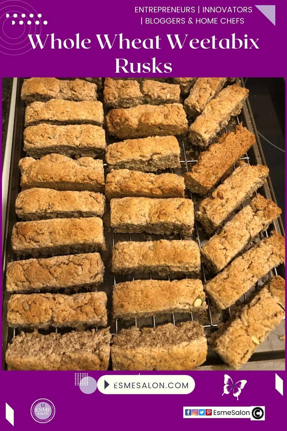 an image of a baking tray filled with Whole Wheat Weetabix Rusks ready to be dried out