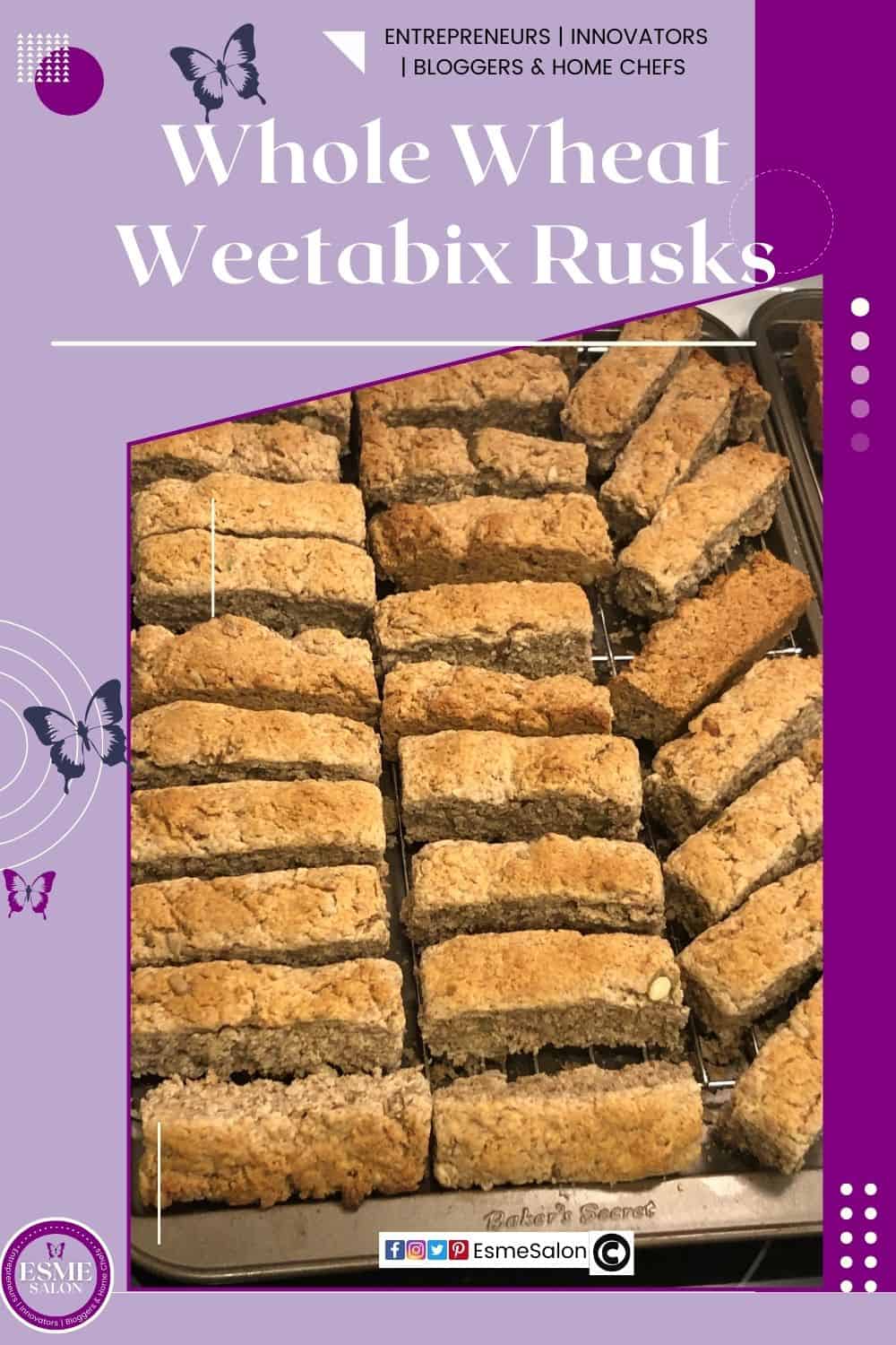 an image of a baking tray filled with Whole Wheat Weetabix Rusks ready to be dried out