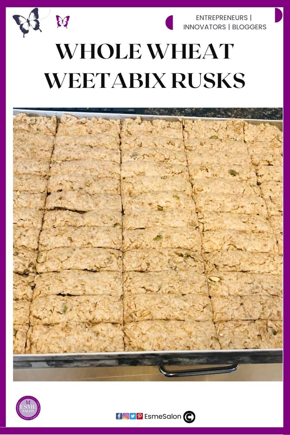 an image of a baking tray filled with Whole Wheat Weetabix Rusks ready to be baked