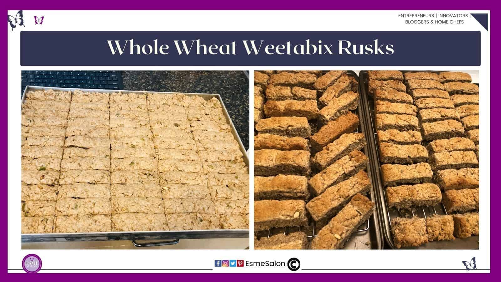an image of a baking tray filled with Whole Wheat Weetabix Rusks ready to be baked and be dried out