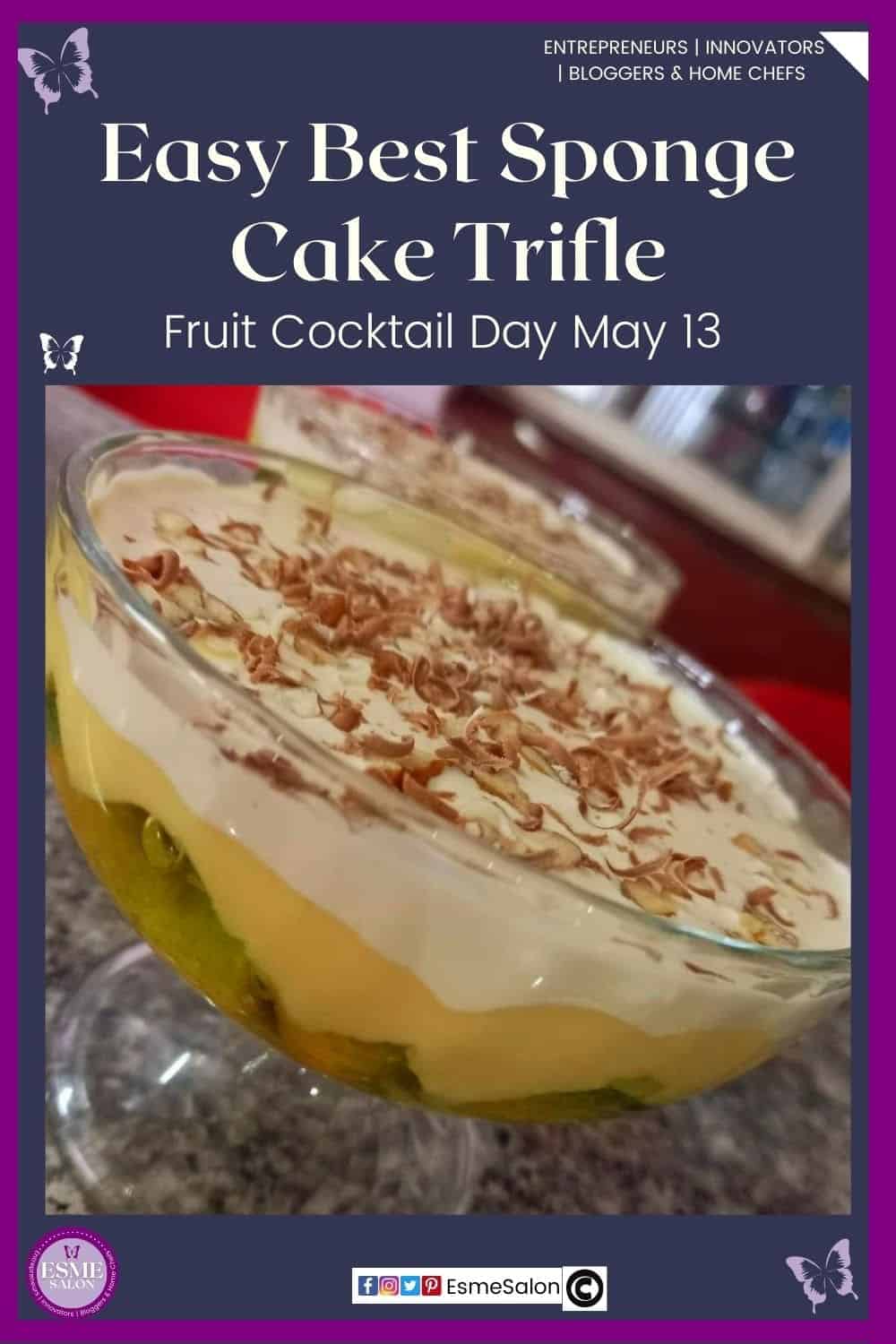 an image of a sponge cake used to make a cake trifle with custard, fruit cocktail and lots of nut in a deep round glass bowl