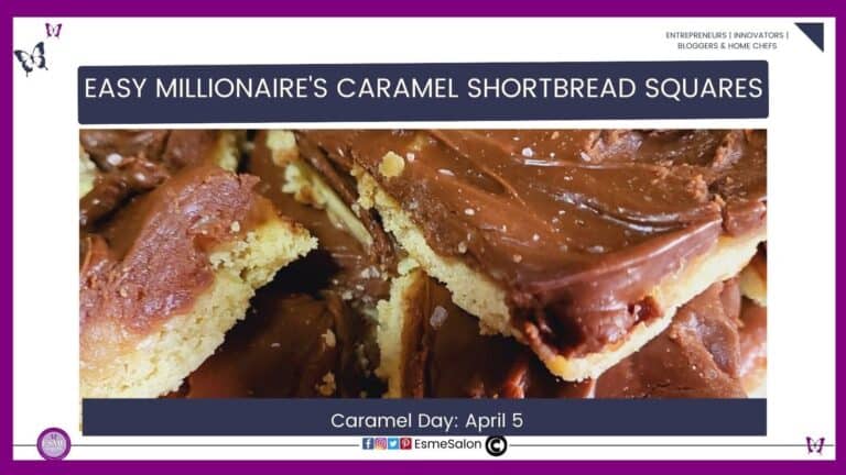 an image of Easy Millionaire's Caramel Shortbread Squares on a white and blue serving dish