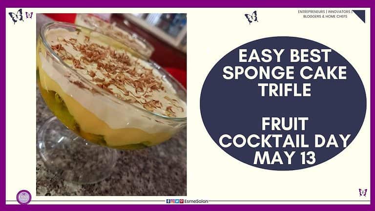 an image of a sponge cake used to make a cake trifle with custard, fruit cocktail and lots of nut in a deep round glass bowl