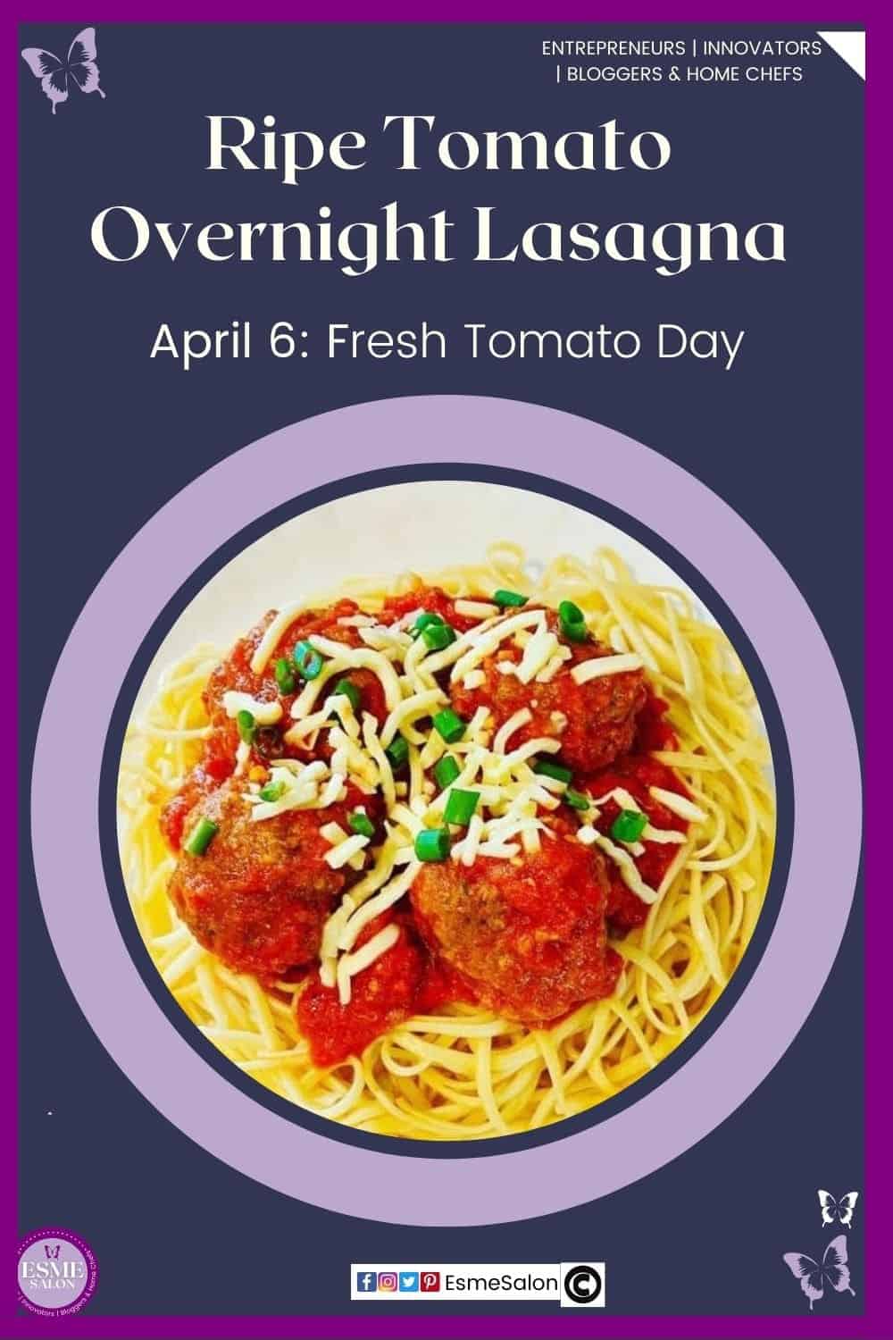 an image of a white plate filled with pasta and Ripe Tomato Overnight Lasagna and meatballs topped with cheese