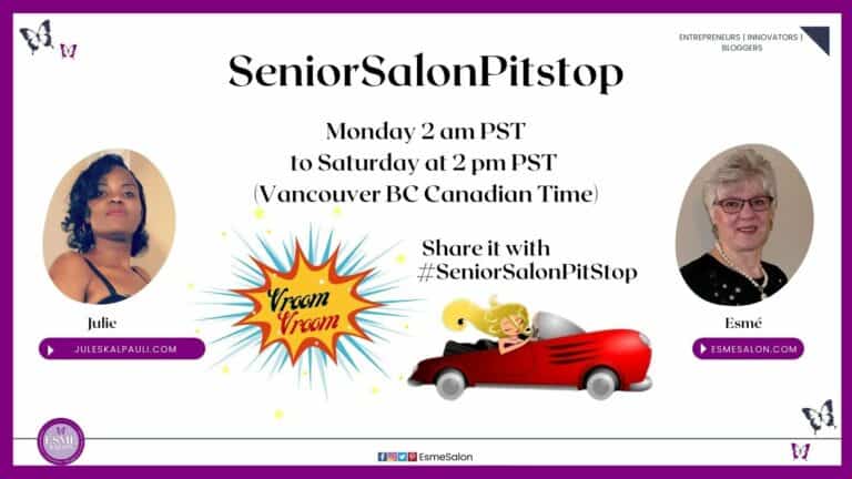 an image of Julie and Esme (headshots) with the weekly Senior Salon Pit Stop Linky